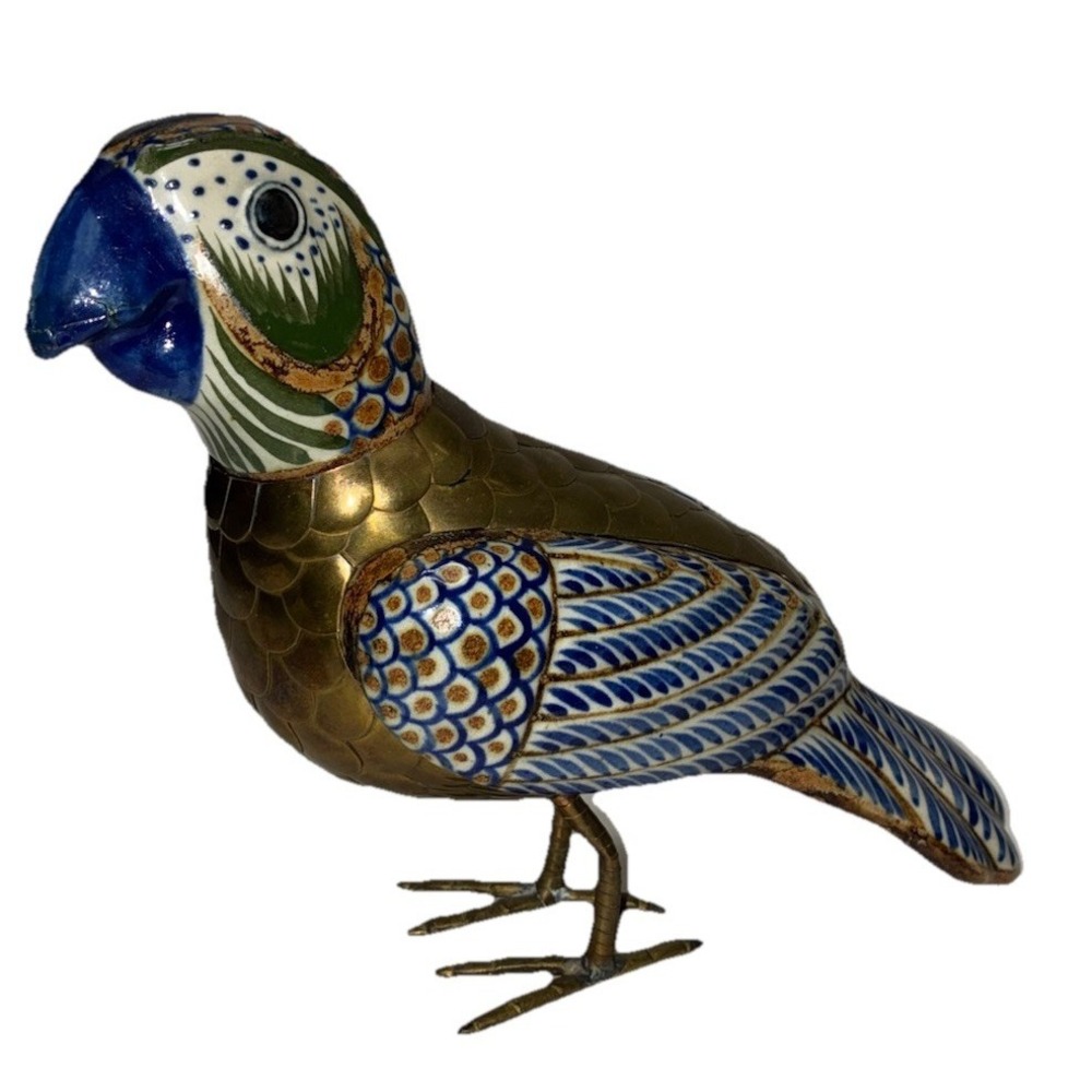 Vintage Sergio Bustamante Parrot Mexican Tonala Pottery Brass B Mark 9.5" *flaws